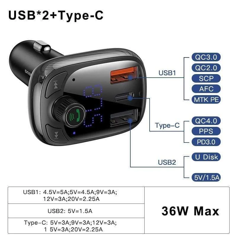 Baseus Quick Charge 4.0 Autoladegerät für Telefon FM Sender Bluetooth Car Kit Audio MP3 Player Schnelles Dual USB Autotelefon Ladegerät (SCHWARZ)