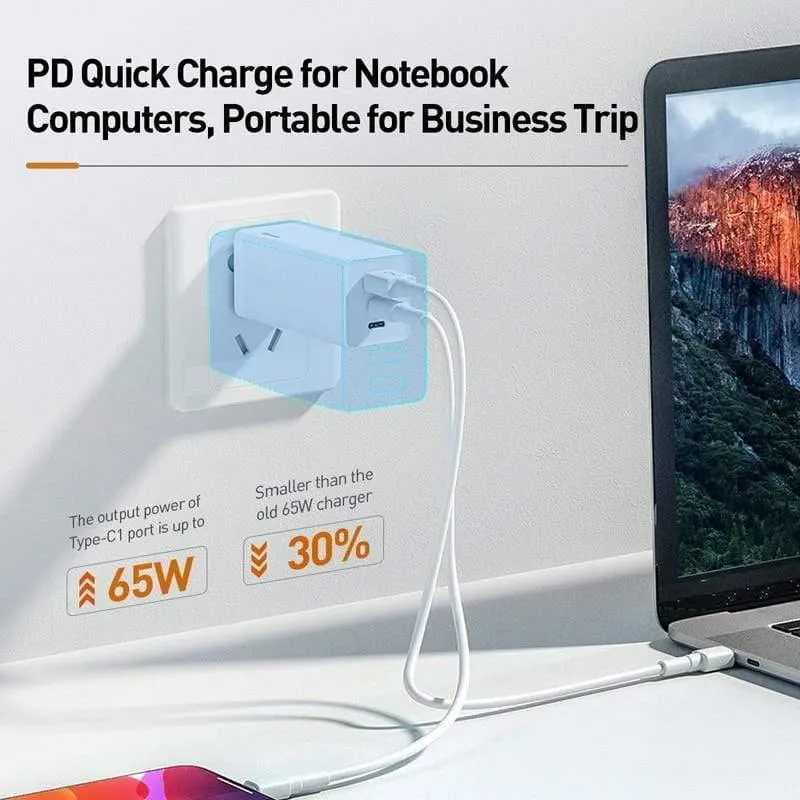Baseus US Plug GaN Schnellladegerät 65W Schnellladegerät 4.0 3.0 USB C PD Ladegerät 3 USB-Anschlüsse Tragbares Ladegerät Für iPhone Huawei Xiaomi