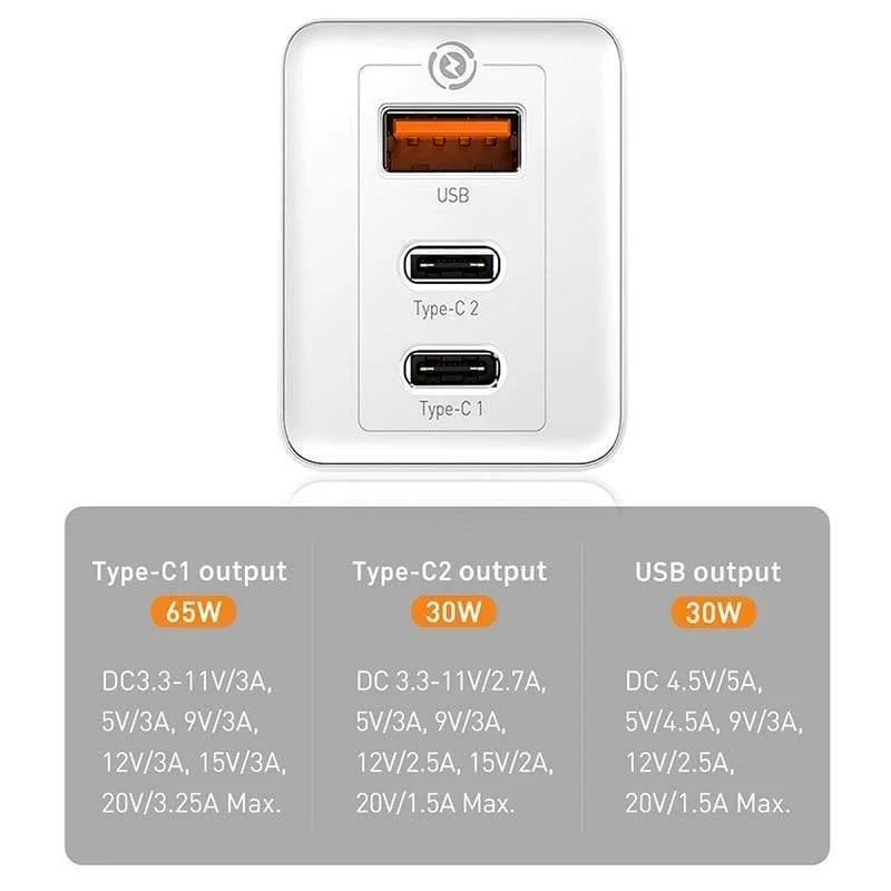 Baseus US Plug GaN Schnellladegerät 65W Schnellladegerät 4.0 3.0 USB C PD Ladegerät 3 USB-Anschlüsse Tragbares Ladegerät Für iPhone Huawei Xiaomi
