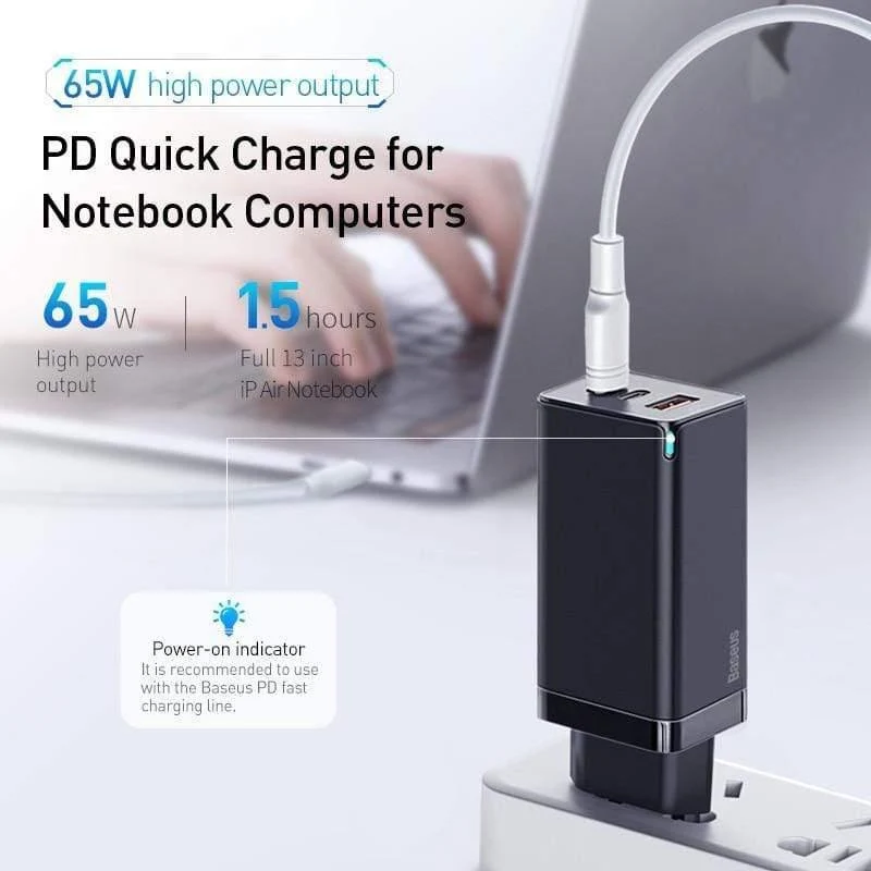Baseus 65W GaN-Ladegerät Schnellladung 4.0 3.0 Typ C PD-Schnellladegerät 3-Port-USB-Ladegerät mit tragbarem QC 4.0 3.0-Telefonladegerät