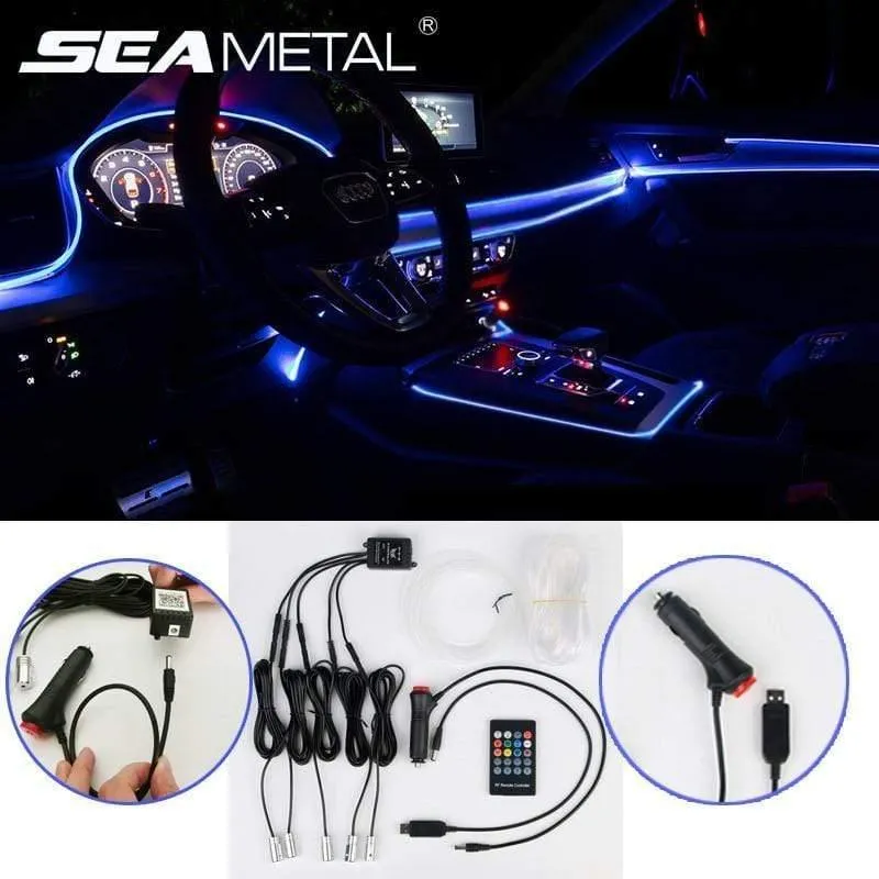 Auto EL Neon Streifen 6M Sound Control Licht RGB LED Dekorative Auto Umgebungslicht Auto Atmosphäre Lampen mit einem 12V Feuerzeug & USB Linie