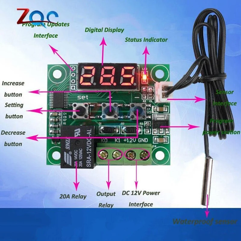 W1209 LED Digital Thermostat Temperaturregelung Thermometer Thermoregler Schaltermodul DC 12V Wasserdichter NTC-Sensor