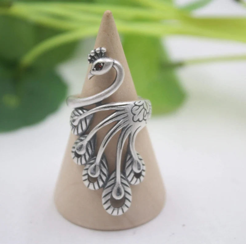 925 Fine Sterling Silver Ring Damen 39mm Big Ring Elegant Retro Peacock New Ring US 6-9