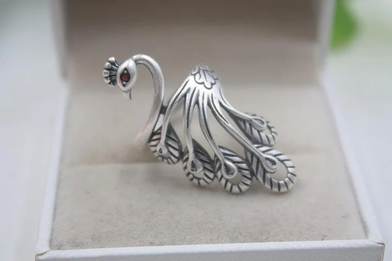 925 Fine Sterling Silver Ring Damen 39mm Big Ring Elegant Retro Peacock New Ring US 6-9