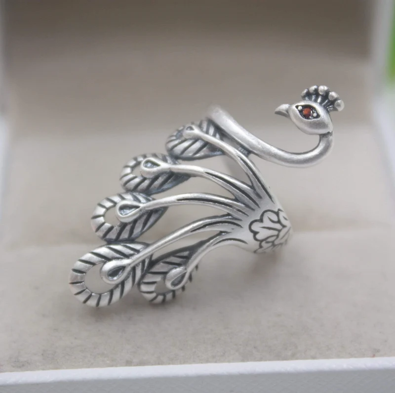 925 Fine Sterling Silver Ring Damen 39mm Big Ring Elegant Retro Peacock New Ring US 6-9