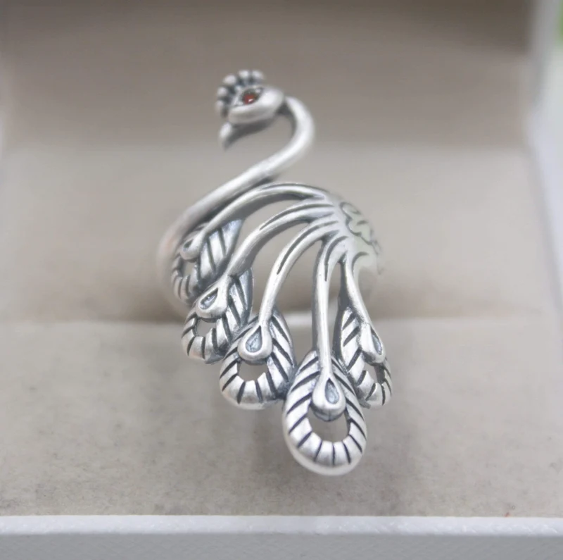 925 Fine Sterling Silver Ring Damen 39mm Big Ring Elegant Retro Peacock New Ring US 6-9