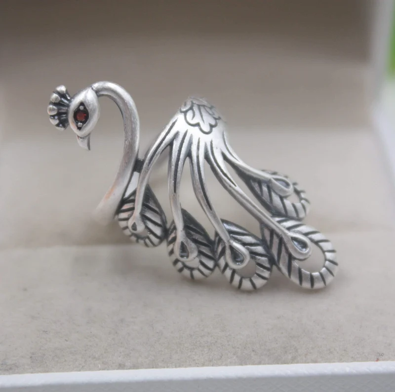 925 Fine Sterling Silver Ring Damen 39mm Big Ring Elegant Retro Peacock New Ring US 6-9