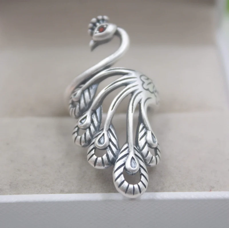 925 Fine Sterling Silver Ring Damen 39mm Big Ring Elegant Retro Peacock New Ring US 6-9