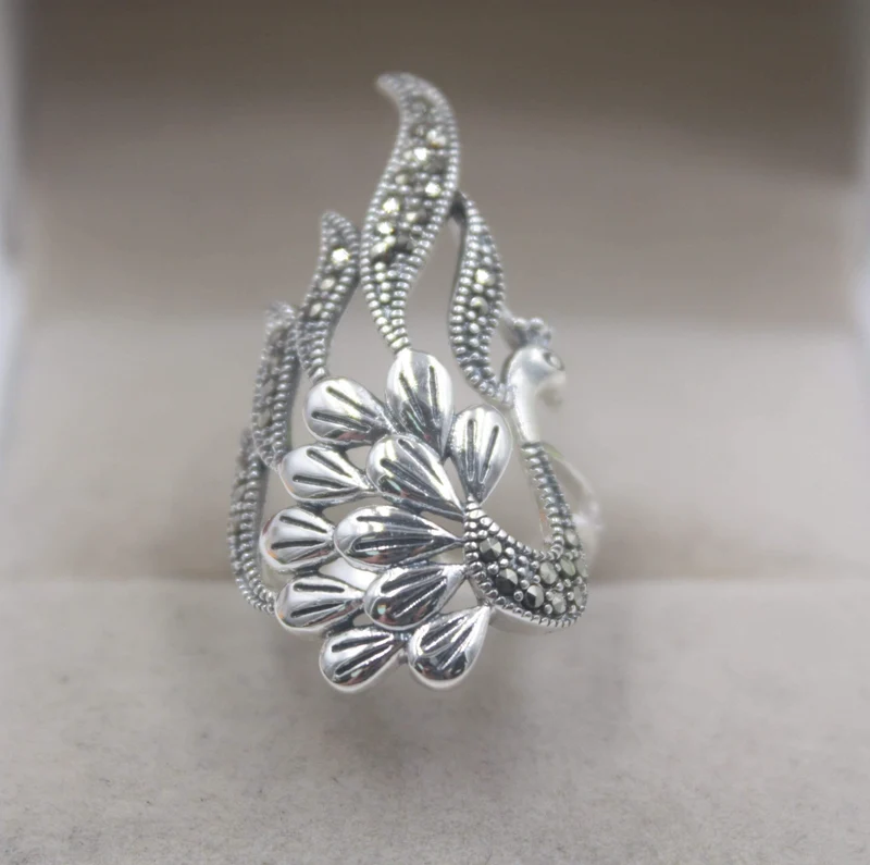 925 Fine Sterling Silver Ring Damen 35mm Big Ring Eleganter Retro Peacock Zirkon Ring US 6-9