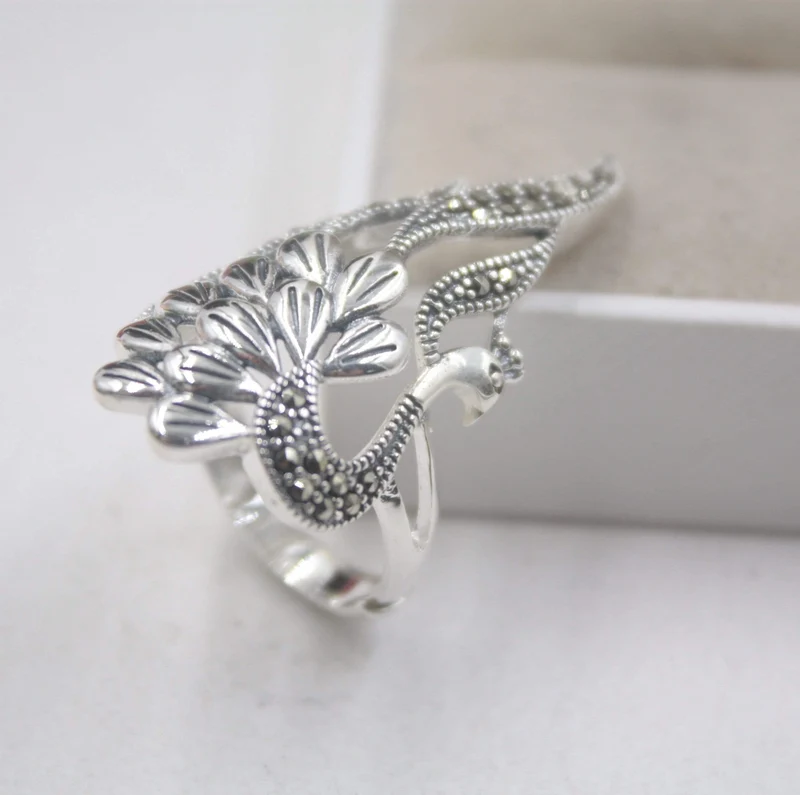 925 Fine Sterling Silver Ring Damen 35mm Big Ring Eleganter Retro Peacock Zirkon Ring US 6-9