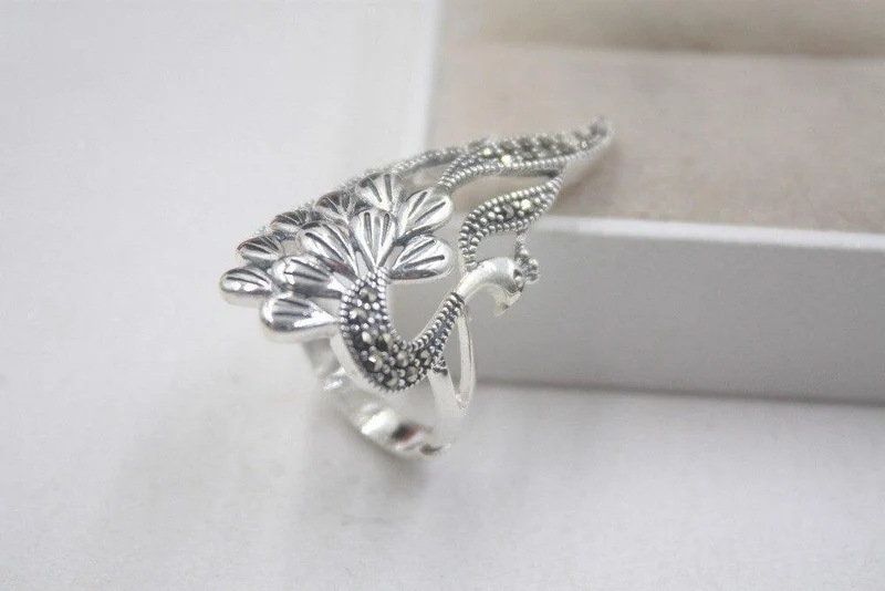 925 Fine Sterling Silver Ring Damen 35mm Big Ring Eleganter Retro Peacock Zirkon Ring US 6-9