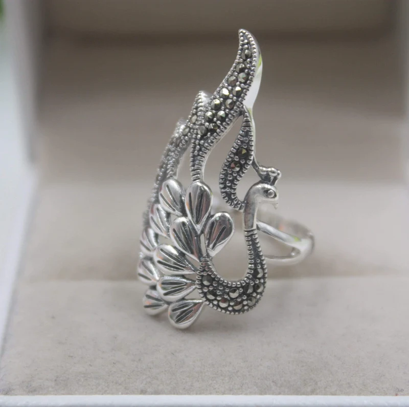 925 Fine Sterling Silver Ring Damen 35mm Big Ring Eleganter Retro Peacock Zirkon Ring US 6-9