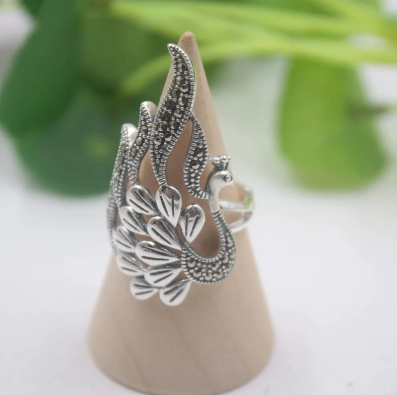 925 Fine Sterling Silver Ring Damen 35mm Big Ring Eleganter Retro Peacock Zirkon Ring US 6-9