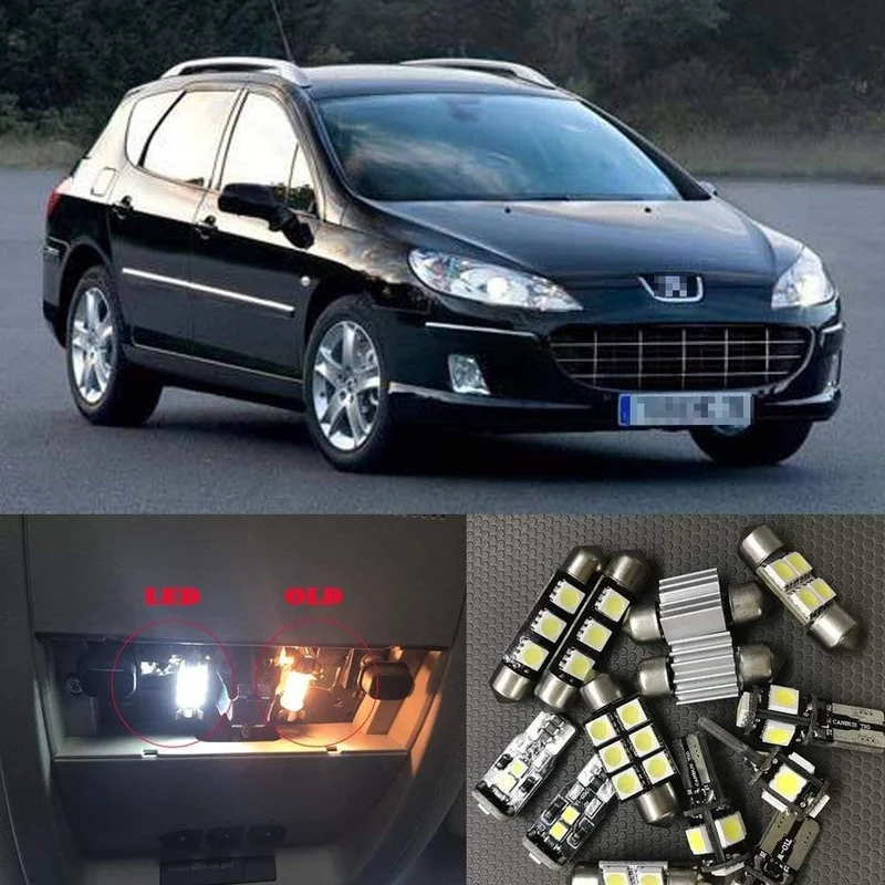 11 Stücke Cool White Canbus LED Autolampen Interior Package Kit Für Peugeot 407 SW 2004-2010 Karte Dome Trunk Handschuhfach Licht