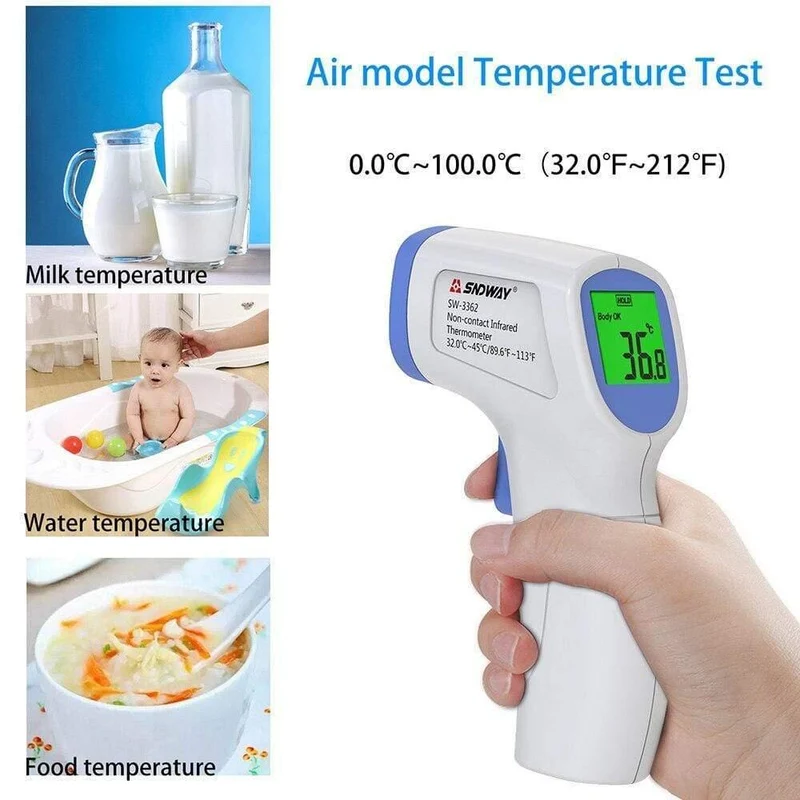 SNDWAY Berührungsloses Infrarot-Thermometer Tragbares Termometro-Temperaturpistolenmessgerät Schallalarm LCD-Handheld-Digitalthermometer (SW-3362)