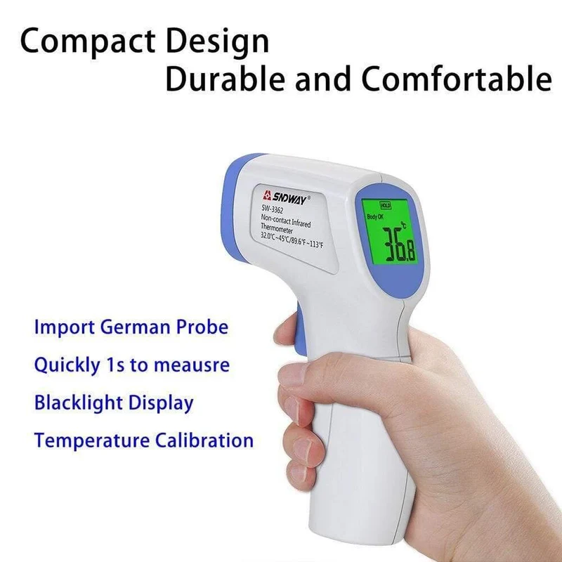 SNDWAY Berührungsloses Infrarot-Thermometer Tragbares Termometro-Temperaturpistolenmessgerät Schallalarm LCD-Handheld-Digitalthermometer (SW-3362)