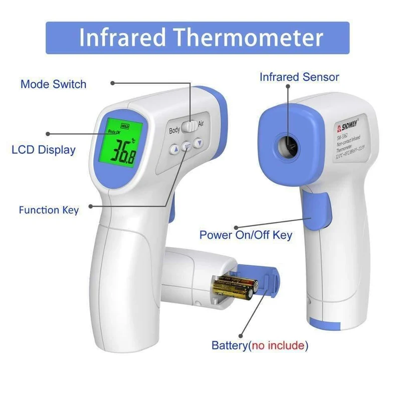 SNDWAY Berührungsloses Infrarot-Thermometer Tragbares Termometro-Temperaturpistolenmessgerät Schallalarm LCD-Handheld-Digitalthermometer (SW-3362)