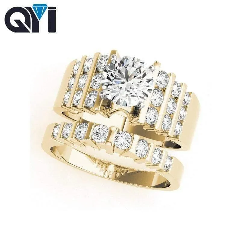 Zweifarbige Ringsets aus 14-karätigem Gelbgold mit rundem Schliff und 1 Karat Sona-Simulationsdiamant, Verlobungs- und Ehering für Frauen