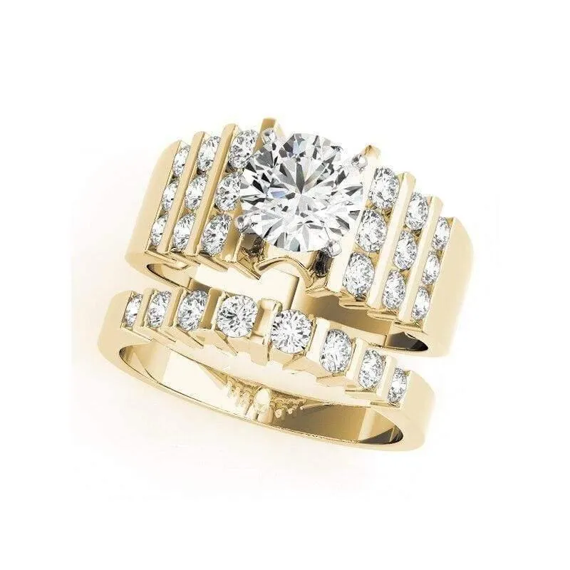 Zweifarbige Ringsets aus 14-karätigem Gelbgold mit rundem Schliff und 1 Karat Sona-Simulationsdiamant, Verlobungs- und Ehering für Frauen