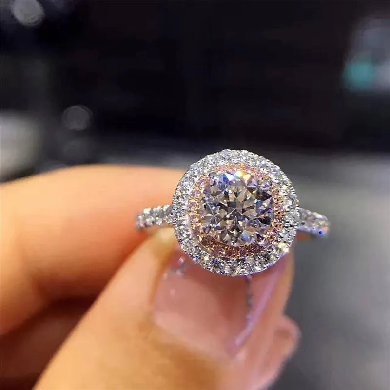 925 Sterling Silber Ring rund geschnitten 2ct Diamond Pink 2 Surround Pave Einstellung cz Eheringe für Frauen Sz 4-9