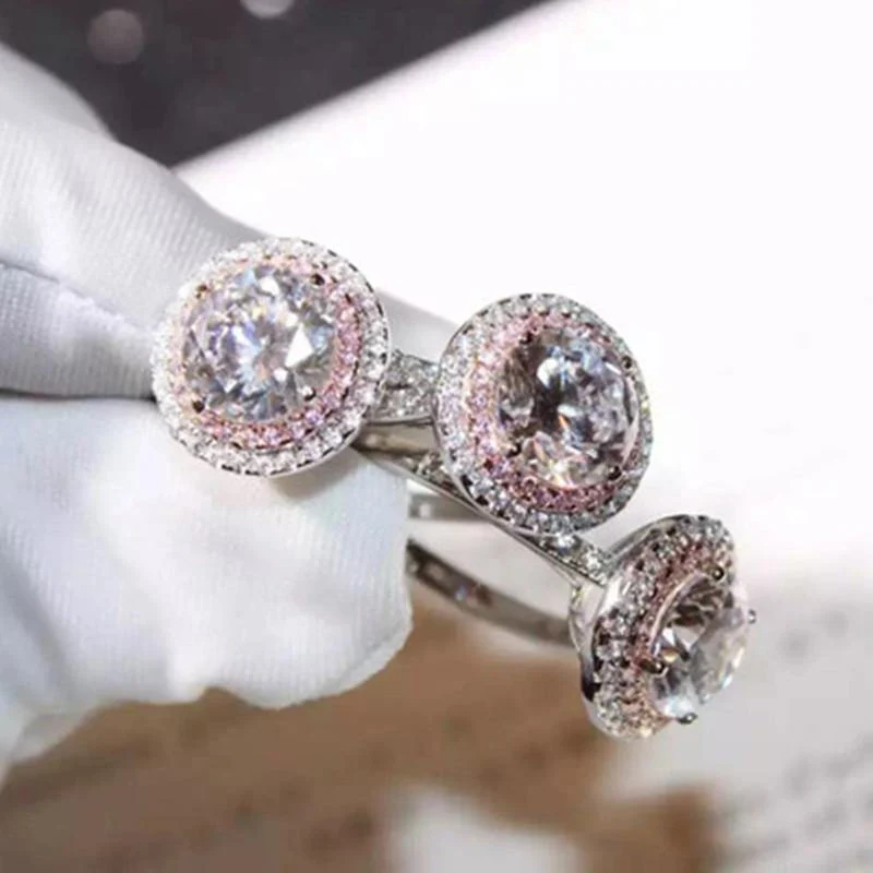925 Sterling Silber Ring rund geschnitten 2ct Diamond Pink 2 Surround Pave Einstellung cz Eheringe für Frauen Sz 4-9
