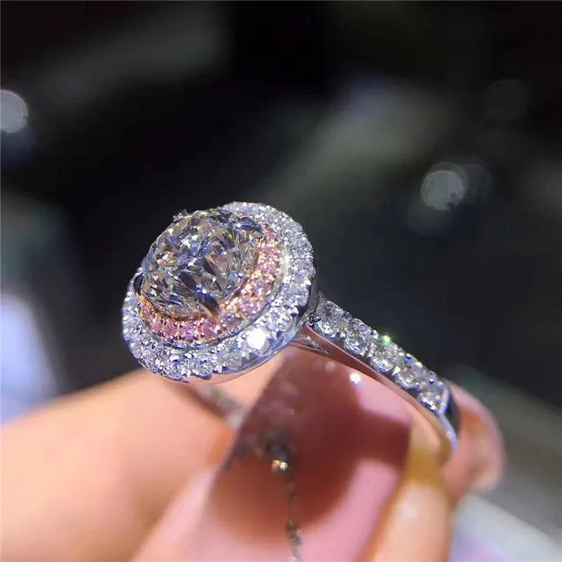 925 Sterling Silber Ring rund geschnitten 2ct Diamond Pink 2 Surround Pave Einstellung cz Eheringe für Frauen Sz 4-9