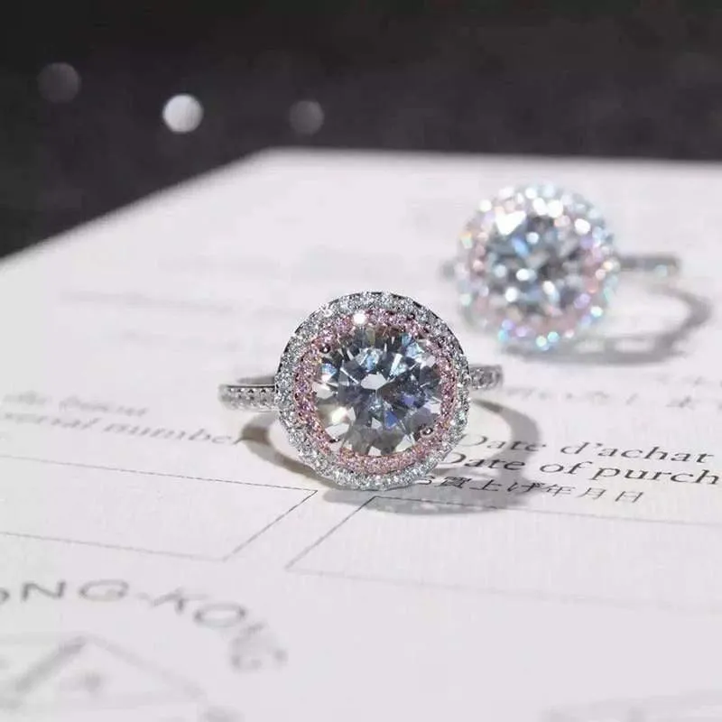 925 Sterling Silber Ring rund geschnitten 2ct Diamond Pink 2 Surround Pave Einstellung cz Eheringe für Frauen Sz 4-9