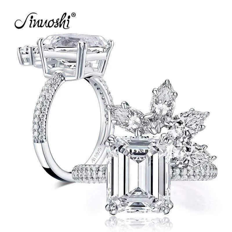 925 Sterling Silber 4.0 Karat großer Smaragdschliff-Blumen-Verlobungsring, simulierter Diamant, Frauen, Hochzeit, 9 x 11 mm, Silberring, Schmuck, Geschenke