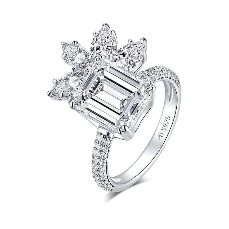 925 Sterling Silber 4.0 Karat großer Smaragdschliff-Blumen-Verlobungsring, simulierter Diamant, Frauen, Hochzeit, 9 x 11 mm, Silberring, Schmuck, Geschenke
