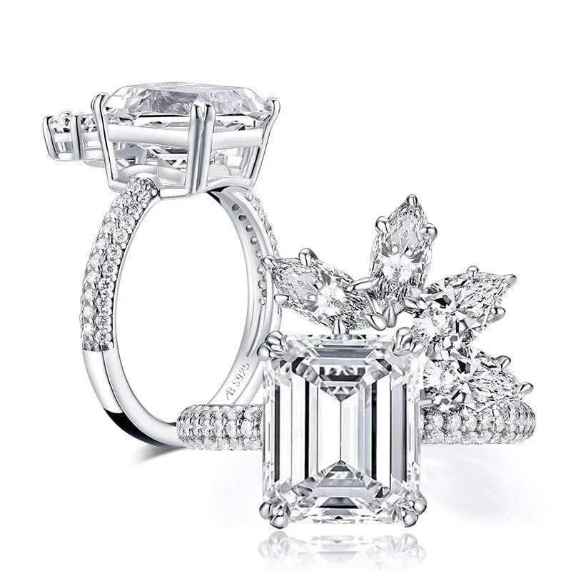 925 Sterling Silber 4.0 Karat großer Smaragdschliff-Blumen-Verlobungsring, simulierter Diamant, Frauen, Hochzeit, 9 x 11 mm, Silberring, Schmuck, Geschenke