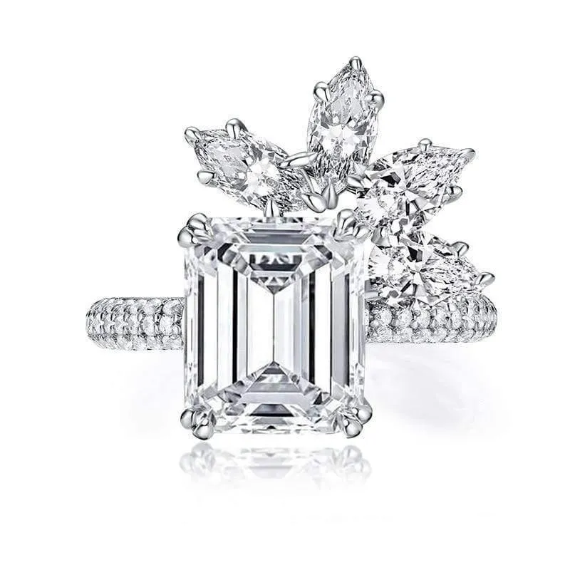 925 Sterling Silber 4.0 Karat großer Smaragdschliff-Blumen-Verlobungsring, simulierter Diamant, Frauen, Hochzeit, 9 x 11 mm, Silberring, Schmuck, Geschenke