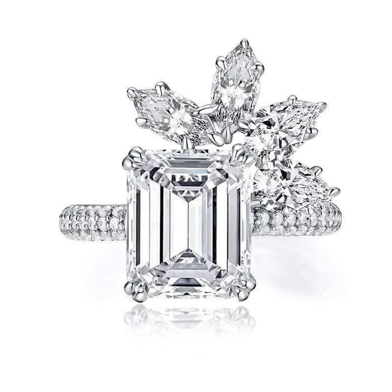 925 Sterling Silber 4.0 Karat großer Smaragdschliff-Blumen-Verlobungsring, simulierter Diamant, Frauen, Hochzeit, 9 x 11 mm, Silberring, Schmuck, Geschenke