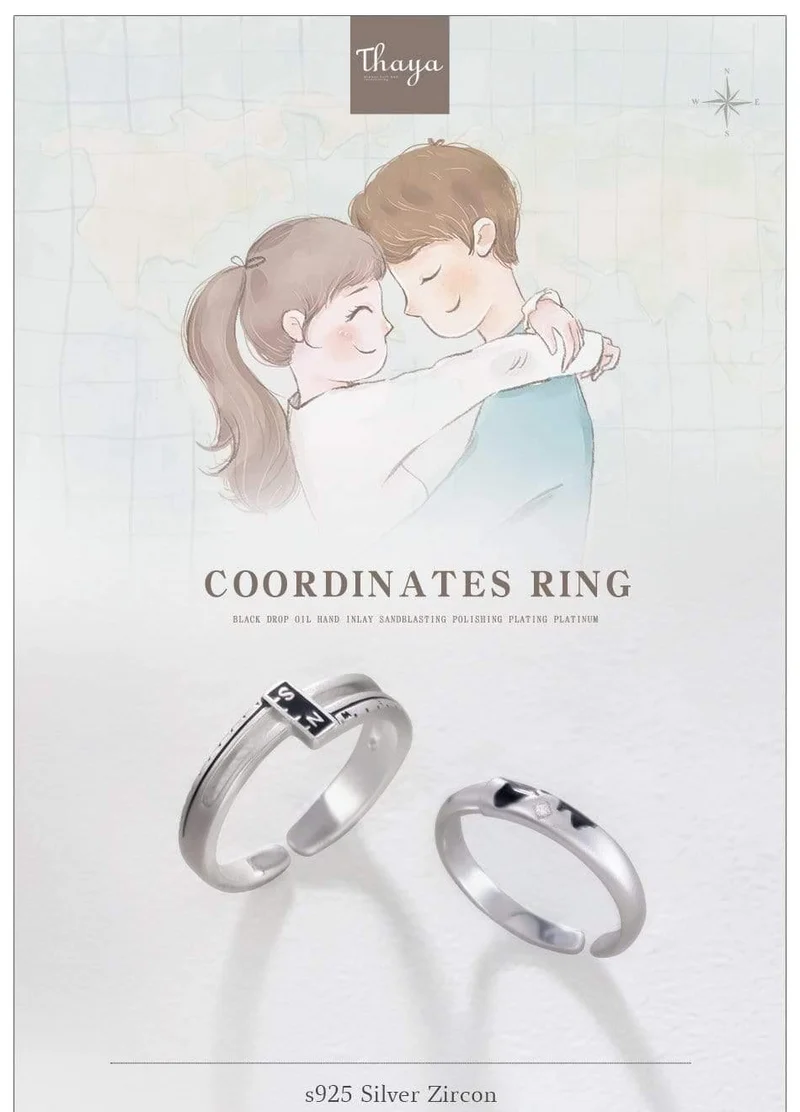 Koordinieren Sie N / S s925 Sterling Silber paar Ringe Asien Karte eleganten Schmuck für Frauen Engagement Geschenk