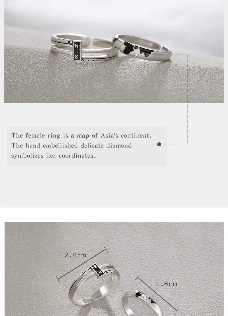 Koordinieren Sie N / S s925 Sterling Silber paar Ringe Asien Karte eleganten Schmuck für Frauen Engagement Geschenk