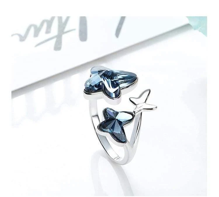 925 Sterling Ring verziert mit Kristallen Schmetterling einstellbare Finger Frauen Ring Hochzeit Engagement Schmuck