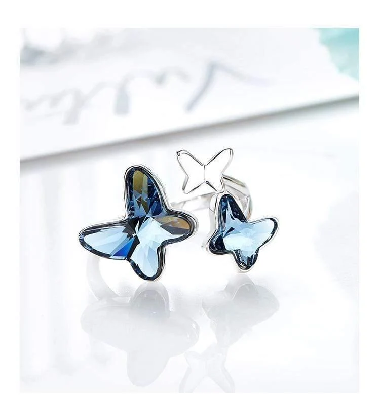 925 Sterling Ring verziert mit Kristallen Schmetterling einstellbare Finger Frauen Ring Hochzeit Engagement Schmuck