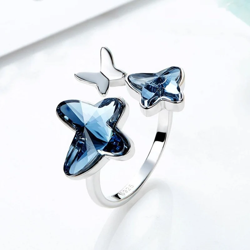 925 Sterling Ring verziert mit Kristallen Schmetterling einstellbare Finger Frauen Ring Hochzeit Engagement Schmuck
