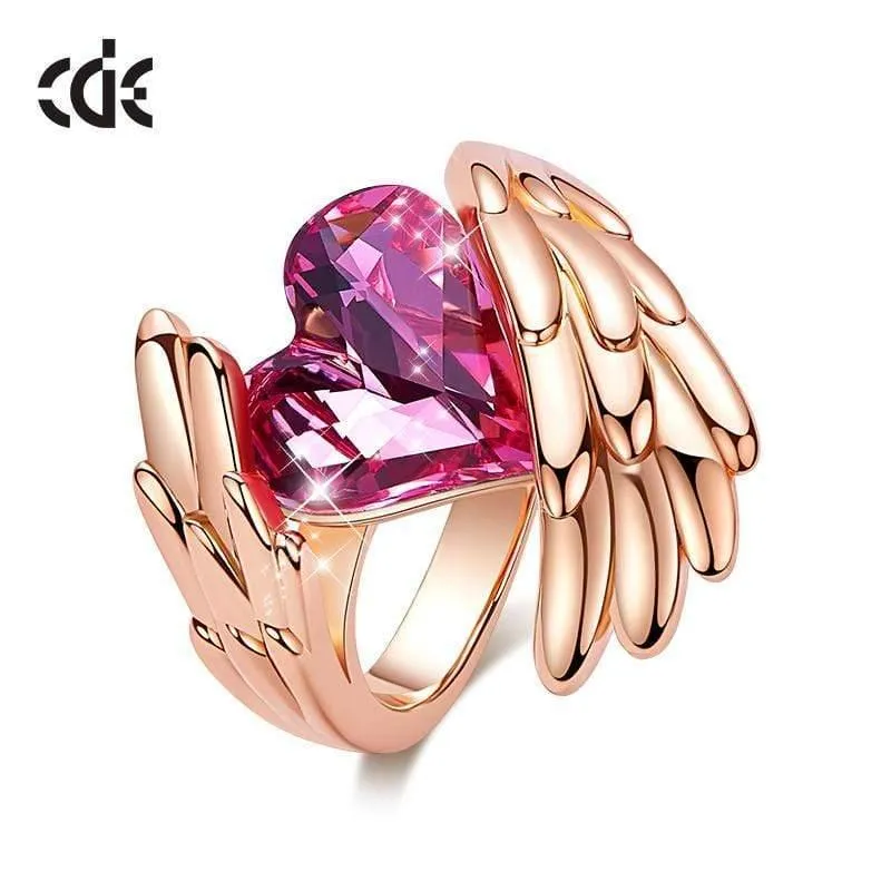 Goldringe, verziert mit Kristallen von Swarovski, Engelsflügel-Ring, Herz-Kristall-Schmuckring, Damen-Liebesgeschenke