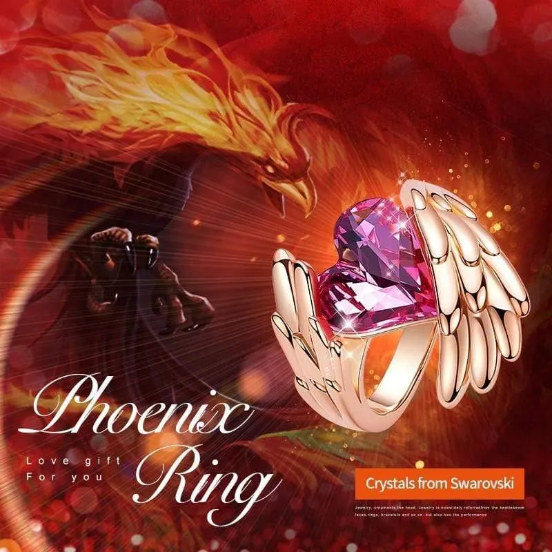 Goldringe, verziert mit Kristallen von Swarovski, Engelsflügel-Ring, Herz-Kristall-Schmuckring, Damen-Liebesgeschenke