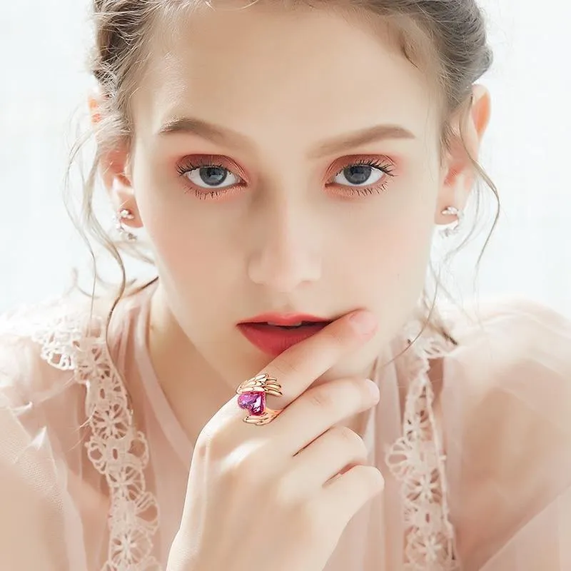 Goldringe, verziert mit Kristallen von Swarovski, Engelsflügel-Ring, Herz-Kristall-Schmuckring, Damen-Liebesgeschenke