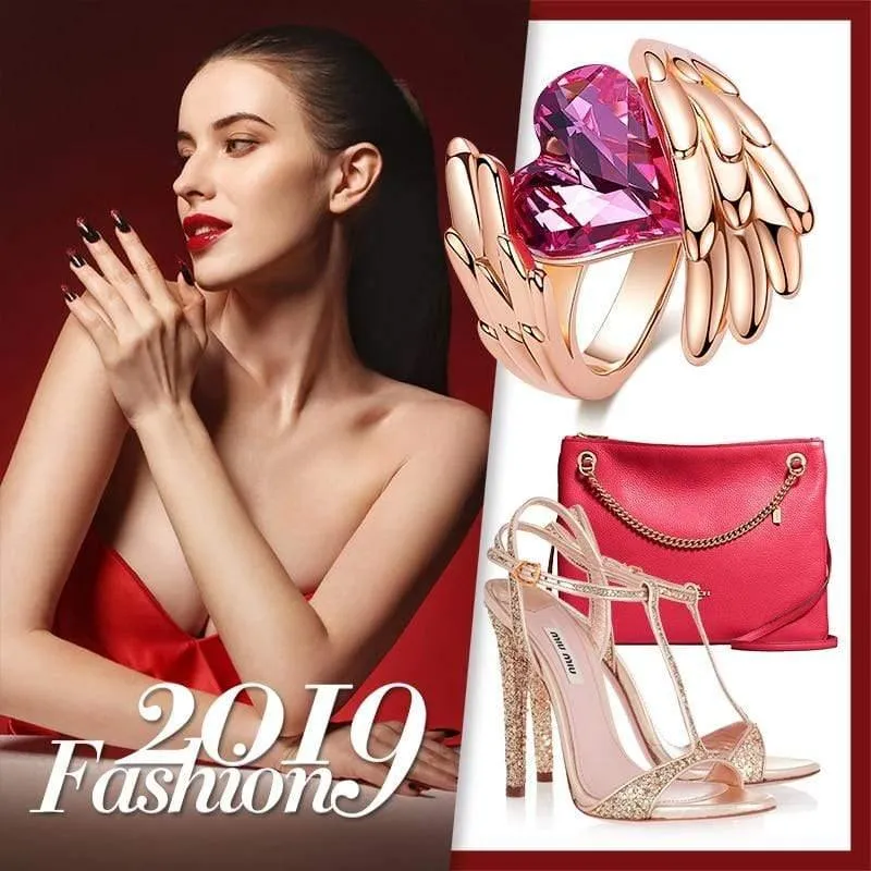 Goldringe, verziert mit Kristallen von Swarovski, Engelsflügel-Ring, Herz-Kristall-Schmuckring, Damen-Liebesgeschenke