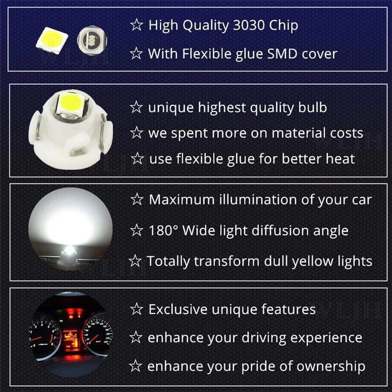 WLJH 10x T3 T4.2 T4.7 Led Neo Wedge 3030 SMD Heizung A/C Klimaregelung Hintergrundbeleuchtung Messgerät Instrument Armaturenbrett Licht Lampe für Auto