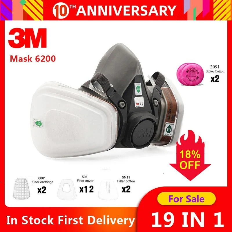 3M Mask 6200 19 In 1 PM2.5 Industriegasmaske Half Face Painting Sprühen Atemschutzgerät Sicherheitsarbeitsfilter Staubmaske Staubschutz