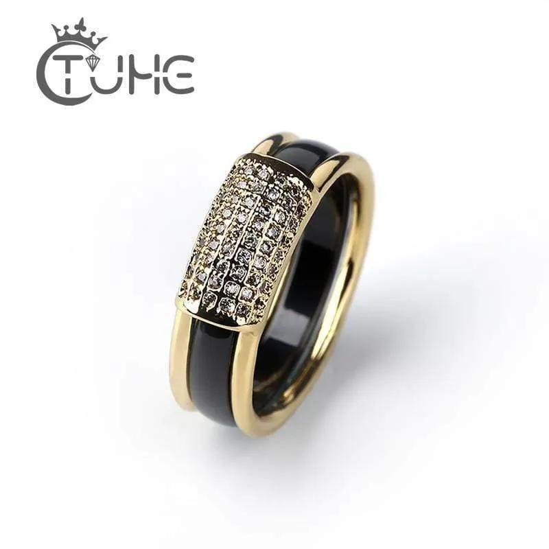 2 teile / satz Heißer Verkauf Mode 585 Gold Ringe Mit Bling Strass 2 Schicht Schwarz Weiß Abnehmbare Keramikringe für Frauen Schmuck