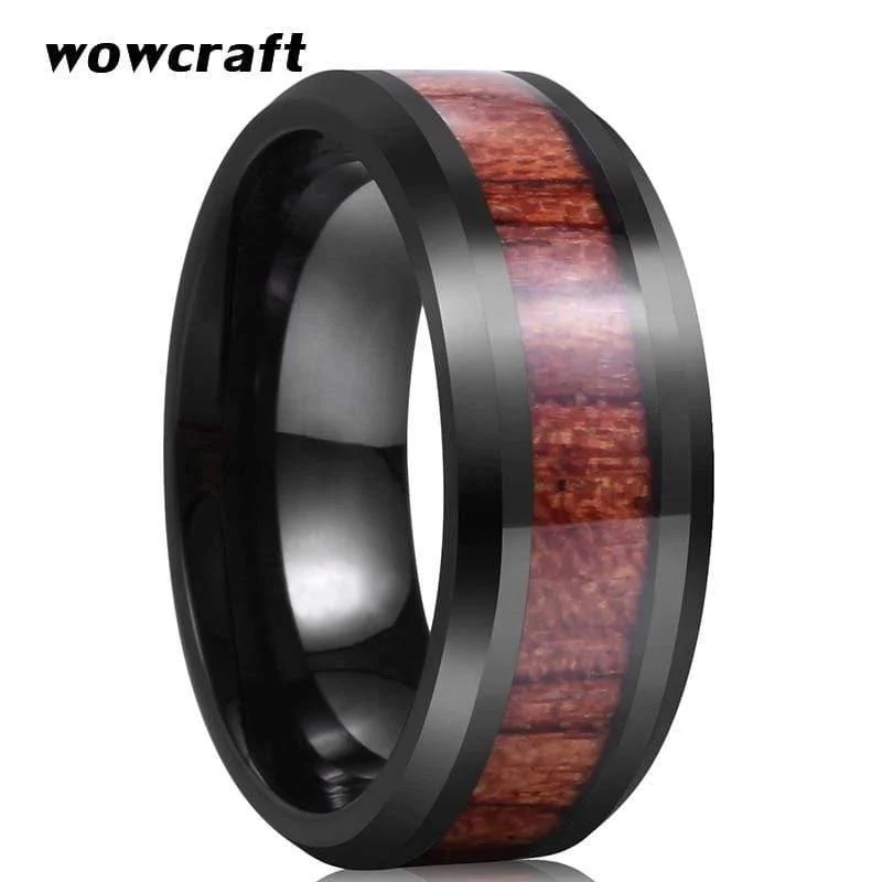 Hochzeitsband Ringe schwarz Koa Holz Inlay abgeschrägt poliert glänzend Comfort Fit Personal anpassen