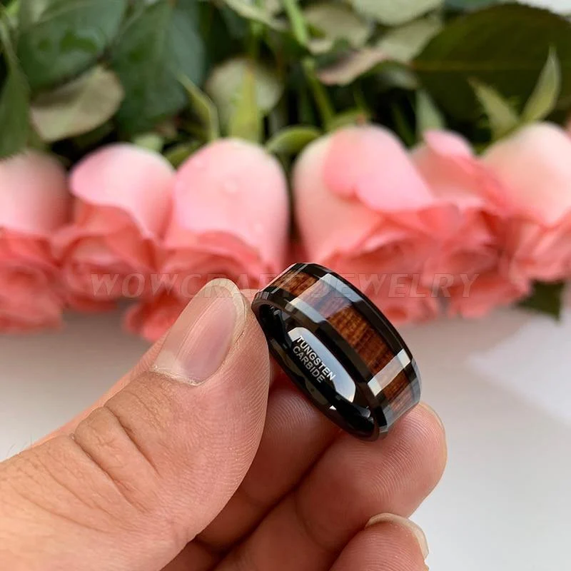 Hochzeitsband Ringe schwarz Koa Holz Inlay abgeschrägt poliert glänzend Comfort Fit Personal anpassen