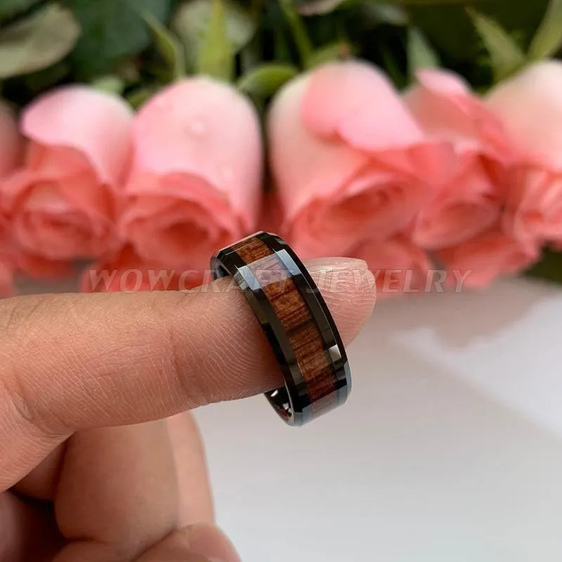 Hochzeitsband Ringe schwarz Koa Holz Inlay abgeschrägt poliert glänzend Comfort Fit Personal anpassen