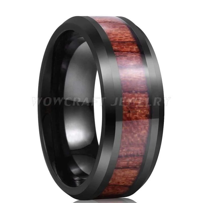 Hochzeitsband Ringe schwarz Koa Holz Inlay abgeschrägt poliert glänzend Comfort Fit Personal anpassen