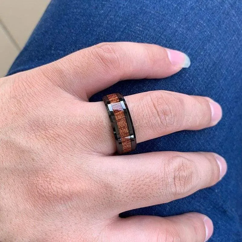 Hochzeitsband Ringe schwarz Koa Holz Inlay abgeschrägt poliert glänzend Comfort Fit Personal anpassen