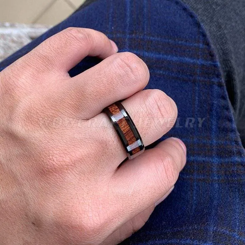 Hochzeitsband Ringe schwarz Koa Holz Inlay abgeschrägt poliert glänzend Comfort Fit Personal anpassen
